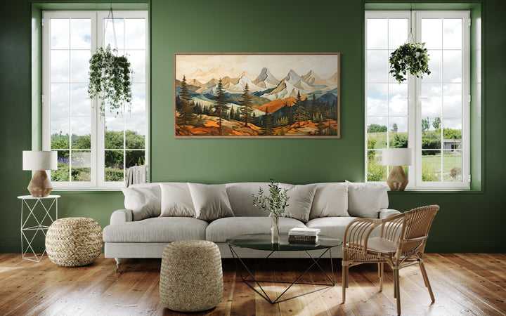 Rustic Mountain Layered Wood Panel Effect Painting Canvas Wall Art in green room