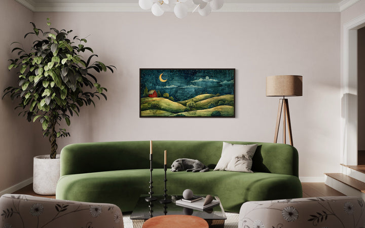 Barn And Green Farm Landscape At Night With Stars And Crescent Moon Wall Art above green couch