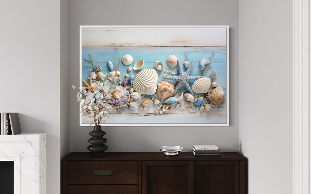 Coastal Wall Art For Beach House Seashells Painting On Blue Wood Canvas Print