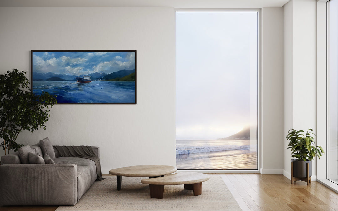 Modern Ship Painting Sea Mountains Seascape Framed Canvas Wall Art in coastal room