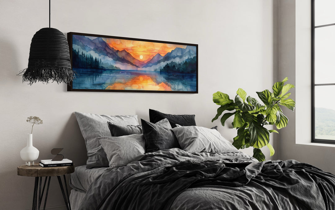 Long Narrow Mountain Lake Sunset Landscape Framed Canvas Wall Art above bed