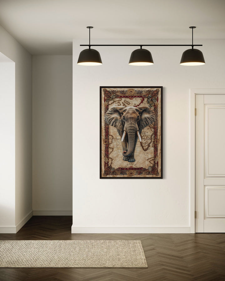 Elephant On Map African Tapestry Style Painting Canvas Wall Art in living room