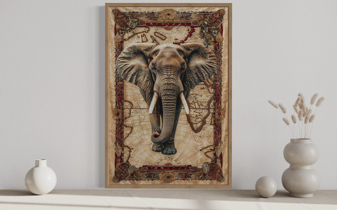 Elephant On Map African Tapestry Style Painting Canvas Wall Art close up