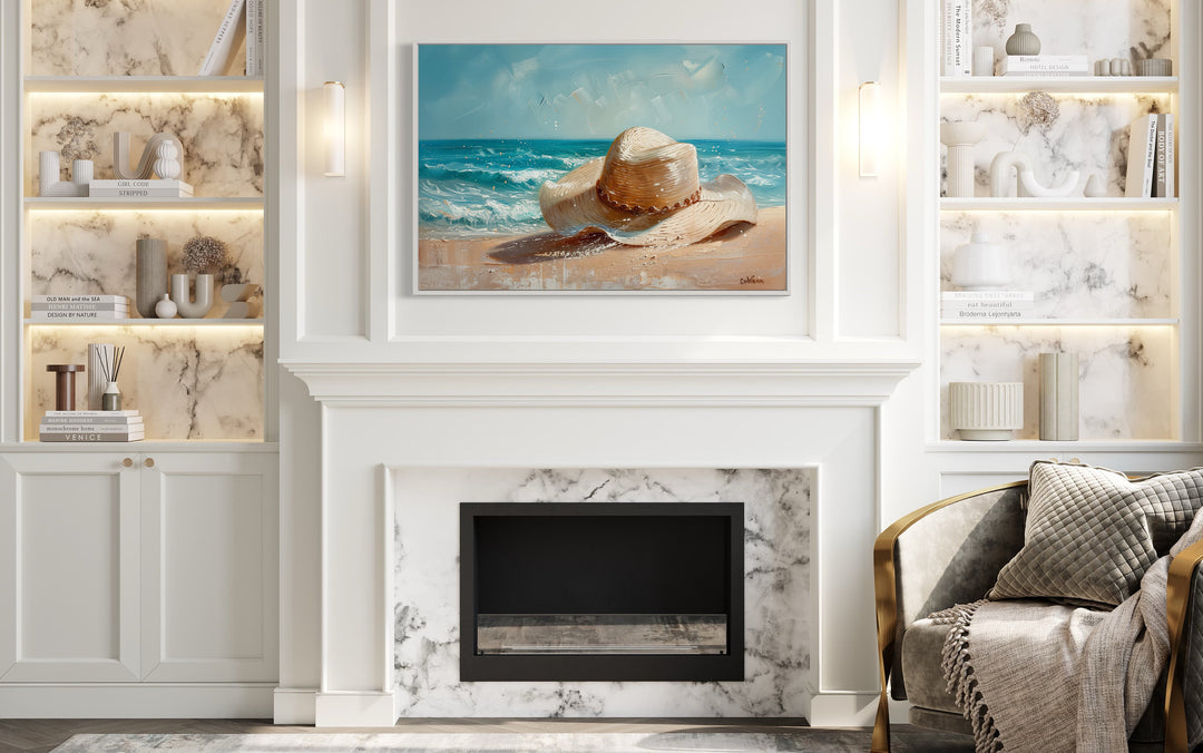 Sun Hat On The Beach Coastal Wall Decor above mantel