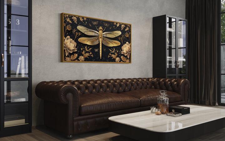 Black Gold Dragonfly With Flowers Framed Canvas Wall Art in living room