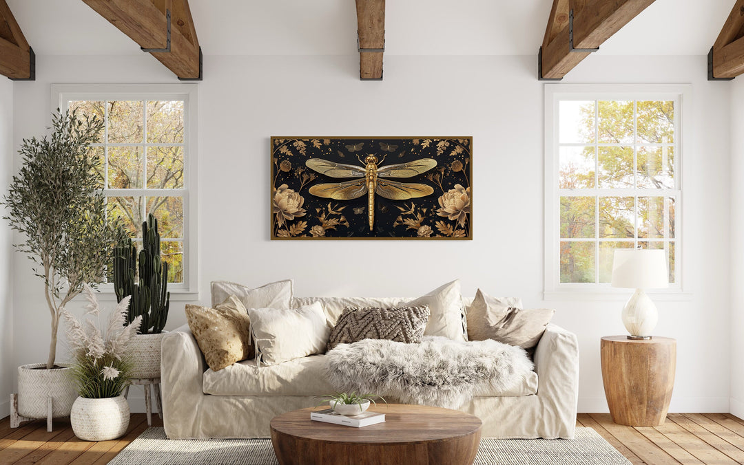 Black Gold Dragonfly With Flowers Framed Canvas Wall Art above beige couch