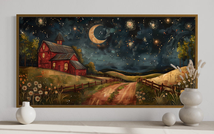 Red Barn On The Farm At Night Under Stars And Moon Crescent Wall Art close up