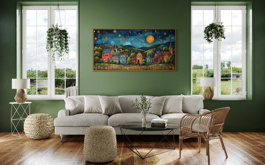 Rustic Village At Night Under Stars And Moon Rural Wall Art in living room