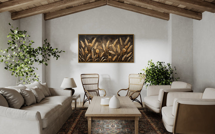 Brown Beige Boho Wheat Field Framed Canvas Wall Art in rustic room