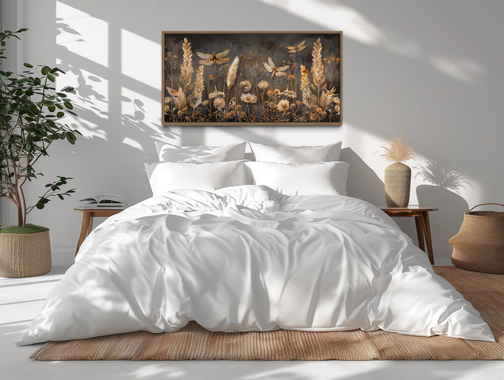 Brown Beige Boho Grass With Dragonflies Framed Canvas Wall Art above bed