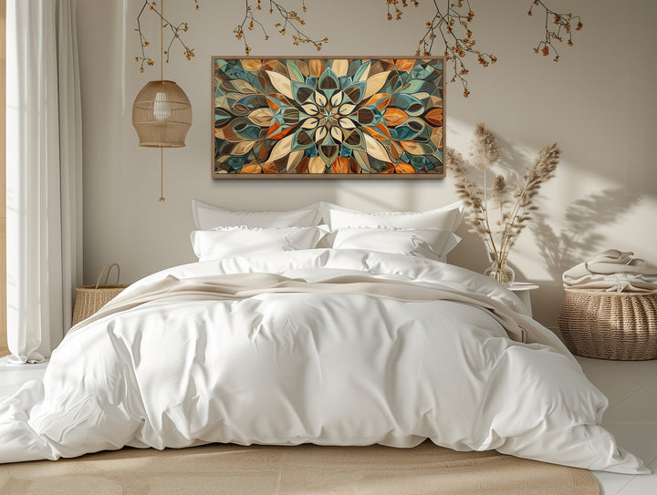 Pale Green Blue Beige Orange Earth Tones Mandala Framed Canvas Wall Art above bed