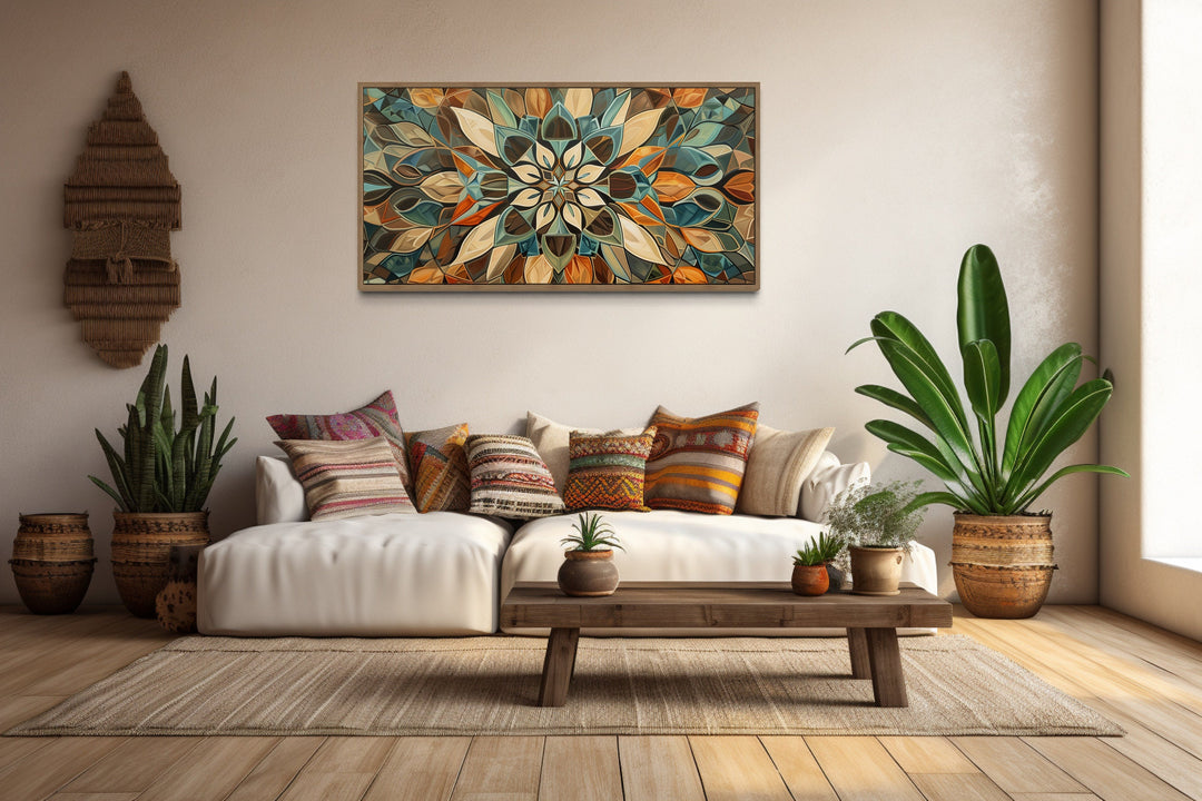 Pale Green Blue Beige Orange Earth Tones Mandala Framed Canvas Wall Art above couch