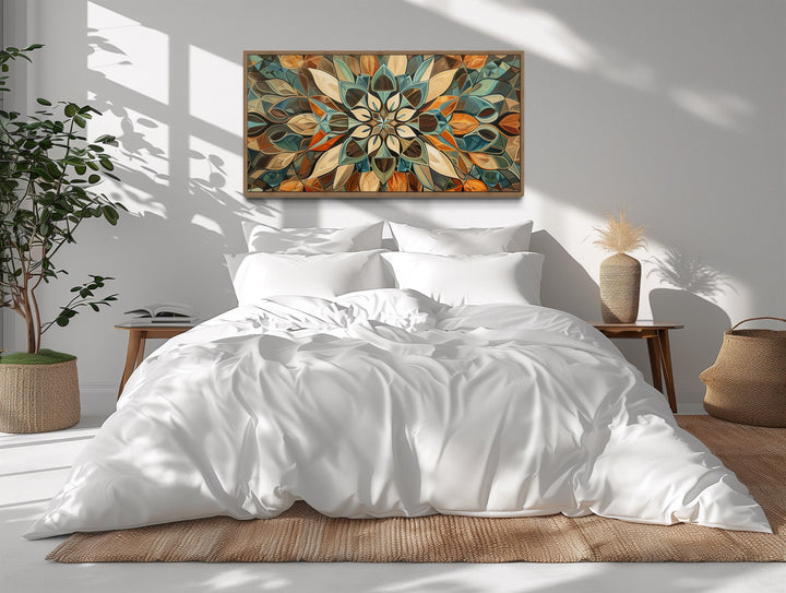 Pale Green Blue Beige Orange Earth Tones Mandala Framed Canvas Wall Art above bed