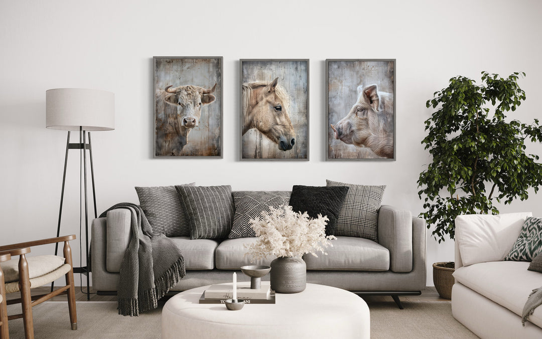 Farmhouse Wall Art Set of 3 Cow, Pig, Horse Framed Canvas Wall Art above grey couch