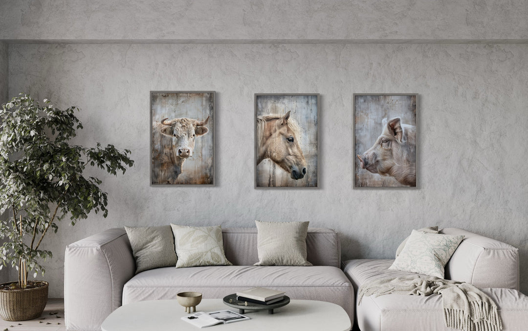 Farmhouse Wall Art Set of 3 Cow, Pig, Horse Framed Canvas Wall Art above grey couch
