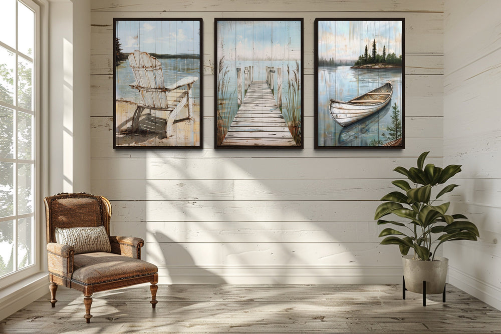 3 Piece Lake House Wall Art - Fishing Dock, Old Boat And Adirondack Chair in rustic cabin