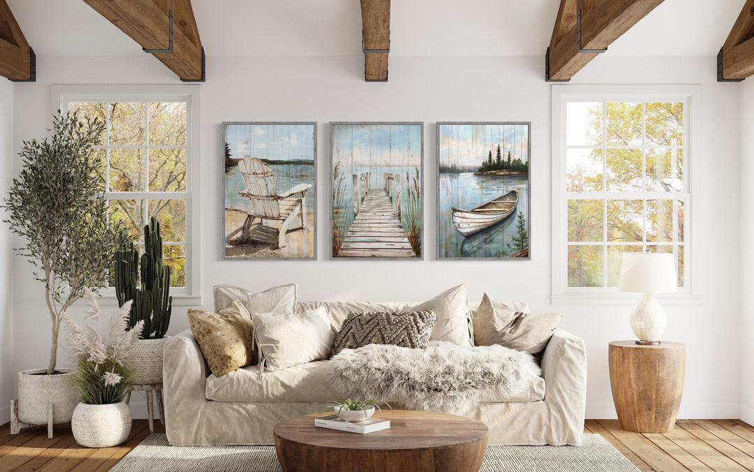 3 Piece Lake House Wall Art - Fishing Dock, Old Boat And Adirondack Chair above couch