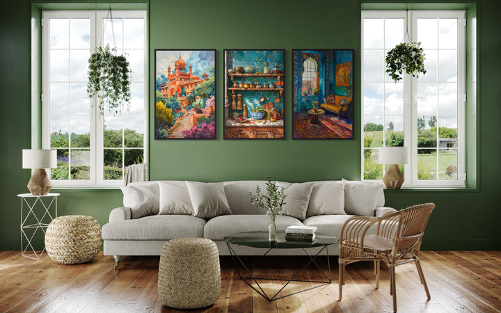 Set Of Three Indian Wall Art, Colorful Kitchen, Room And Temple in living room