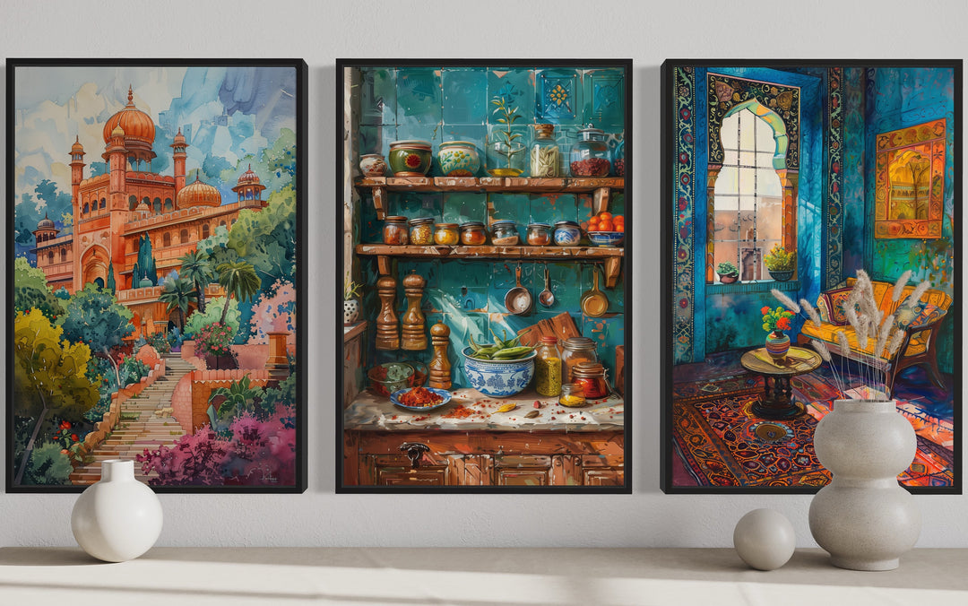 Set Of Three Indian Wall Art, Colorful Kitchen, Room And Temple close up