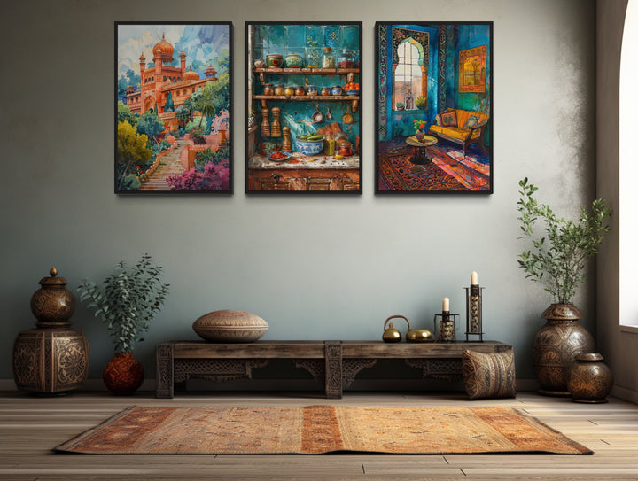 Set Of Three Indian Wall Art, Colorful Indian Kitchen, Room And Temple Traditional Painting Canvas Print Framed Ready To Hang