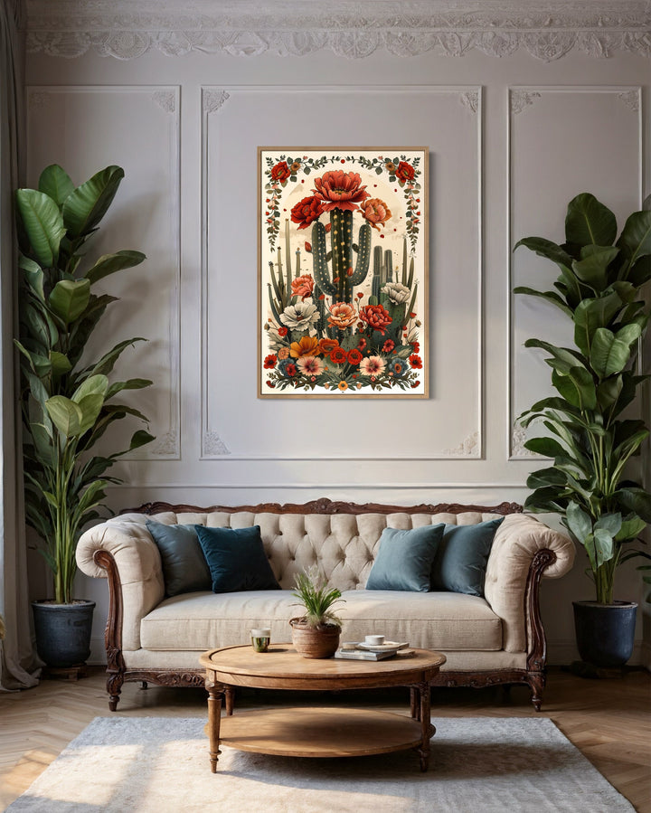 Mexican Cactus In Bloom Framed Canvas Wall Art in living room