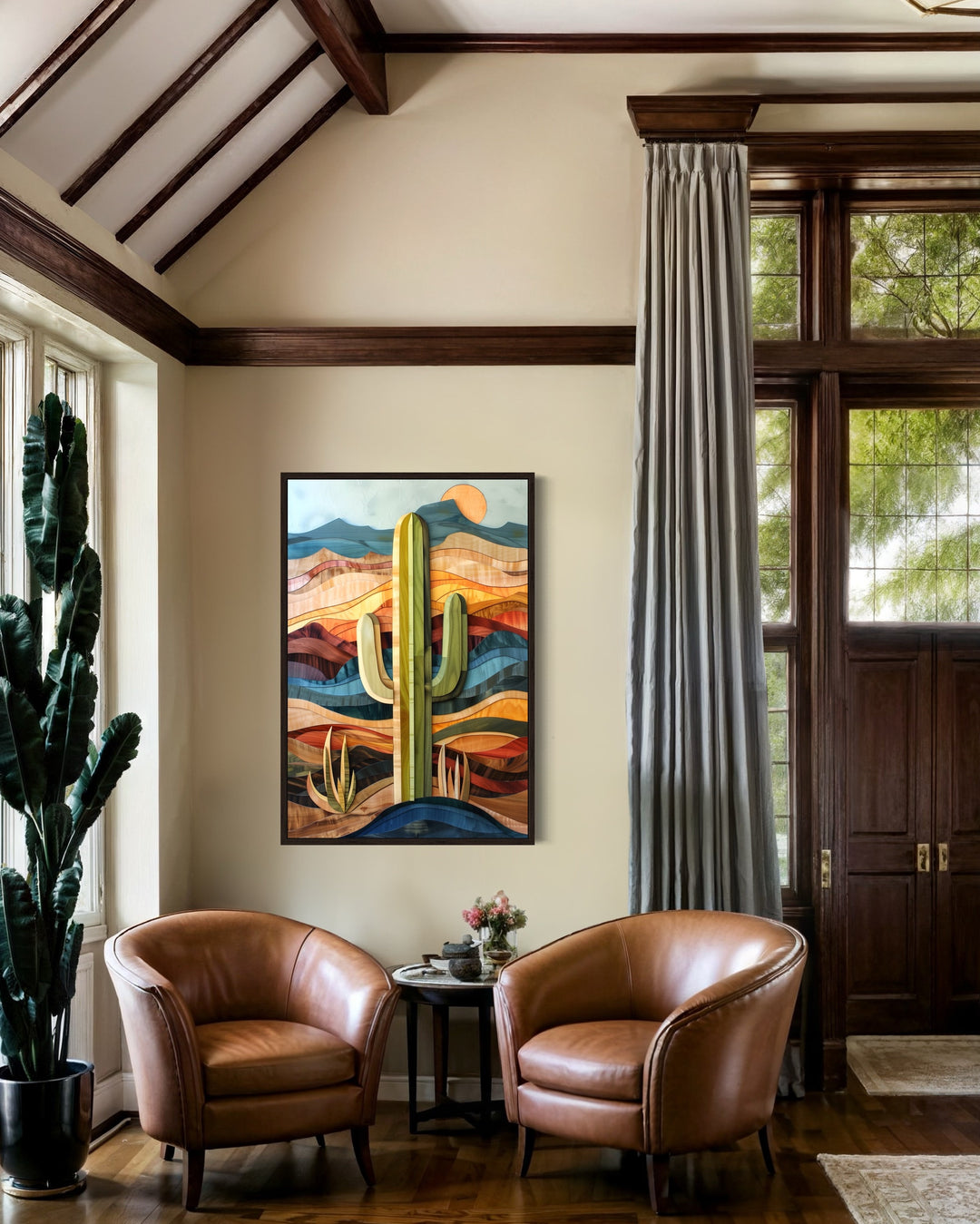 Layered Wood Style Framed Saguaro Cactus Wall Art in living room