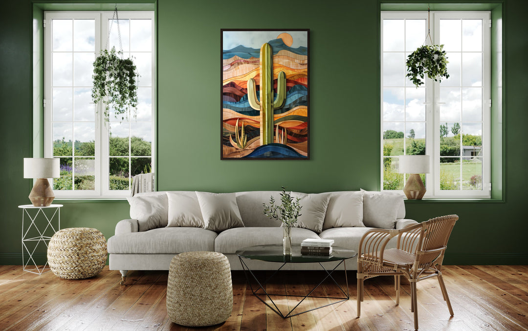 Layered Wood Style Framed Saguaro Cactus Wall Art on green wall