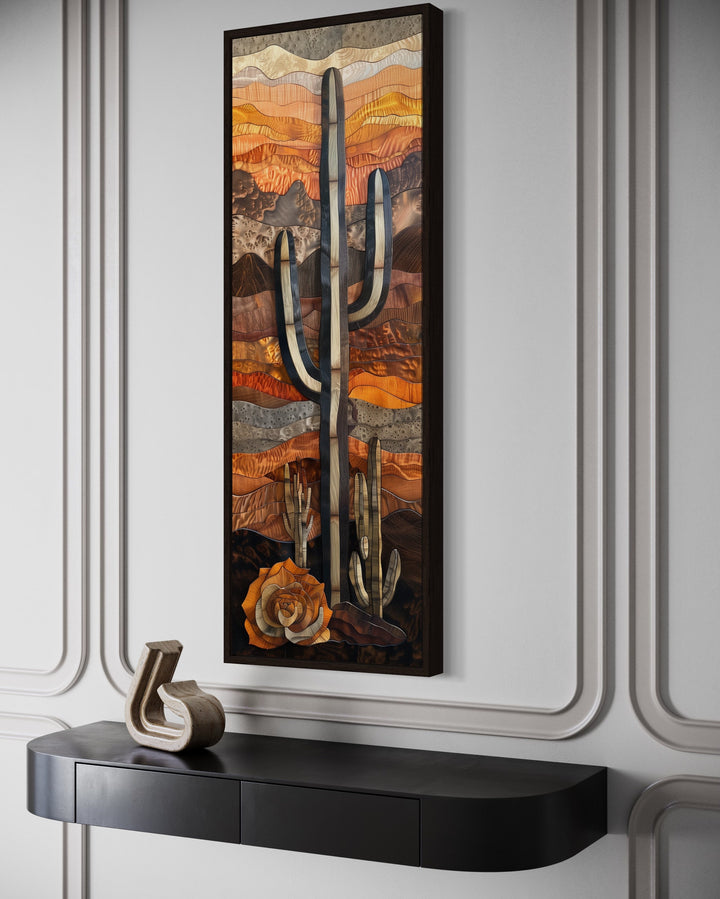 Vertical Tall Narrow Saguaro Cactus Framed Canvas Wall Art side view