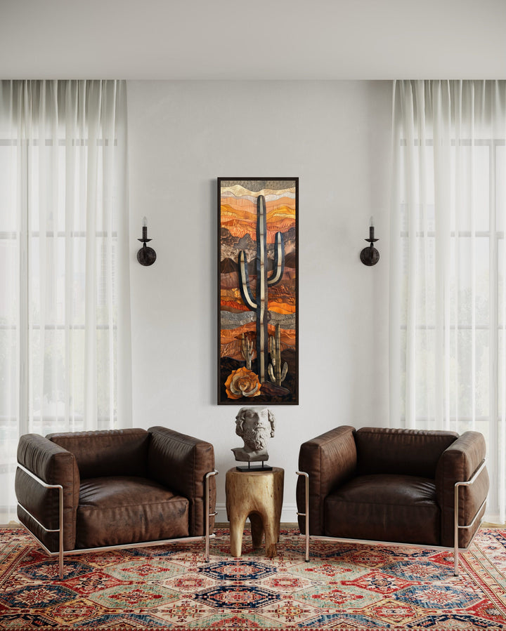 Vertical Tall Narrow Saguaro Cactus Framed Canvas Wall Art in living room