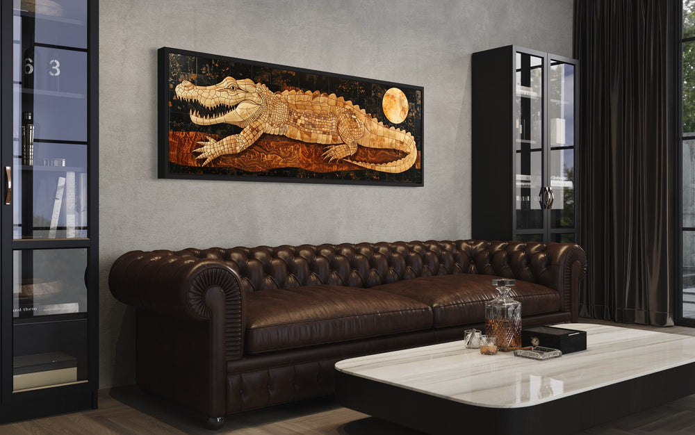 Panoramic Crocodile Layered Wood Style Painting Canvas Wall Art in man cave