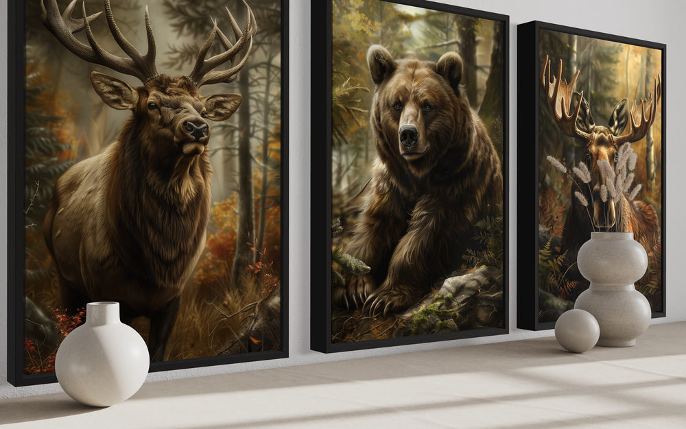 Set of 3 Cabin Wall Decor Forest Wildlife Animals - Bear, Moose And Elk Paintings side view