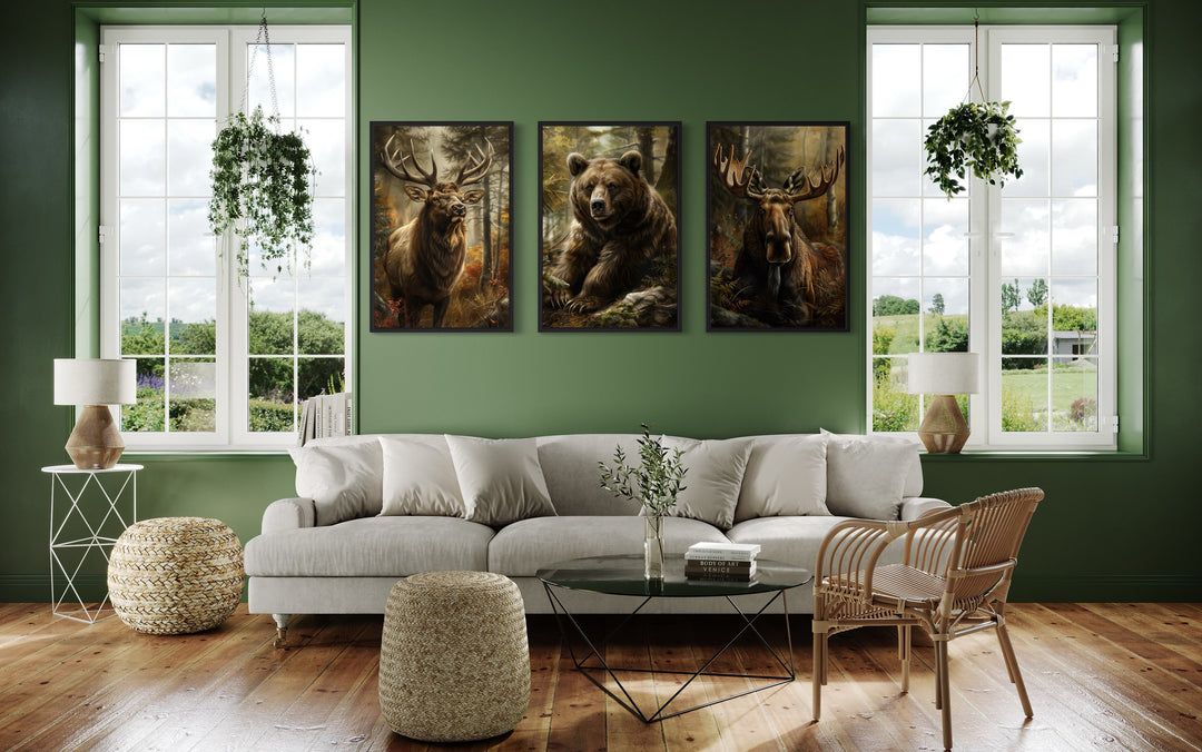 Set of 3 Cabin Wall Decor Forest Wildlife Animals - Bear, Moose And Elk Paintings in green room