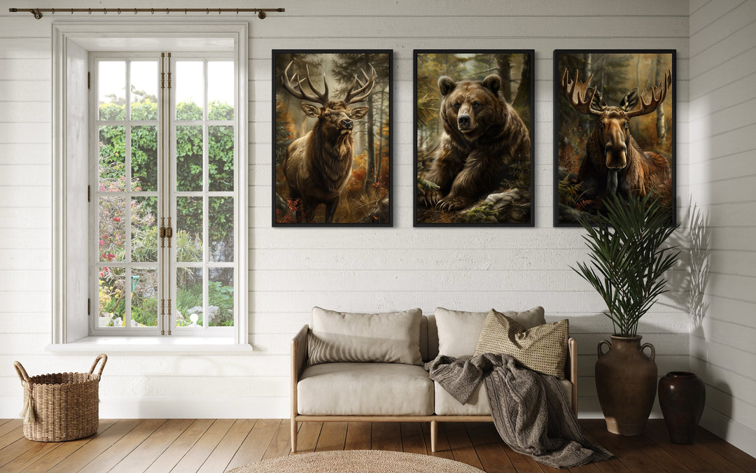 Set of 3 Cabin Wall Decor Forest Wildlife Animals - Bear, Moose And Elk Paintings in cabin