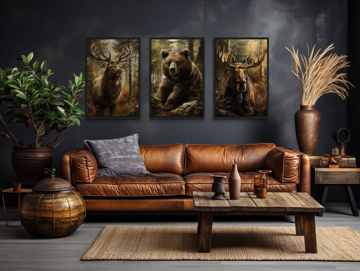 Set of 3 Cabin Wall Decor Forest Wildlife Animals - Bear, Moose And Elk Paintings above couch