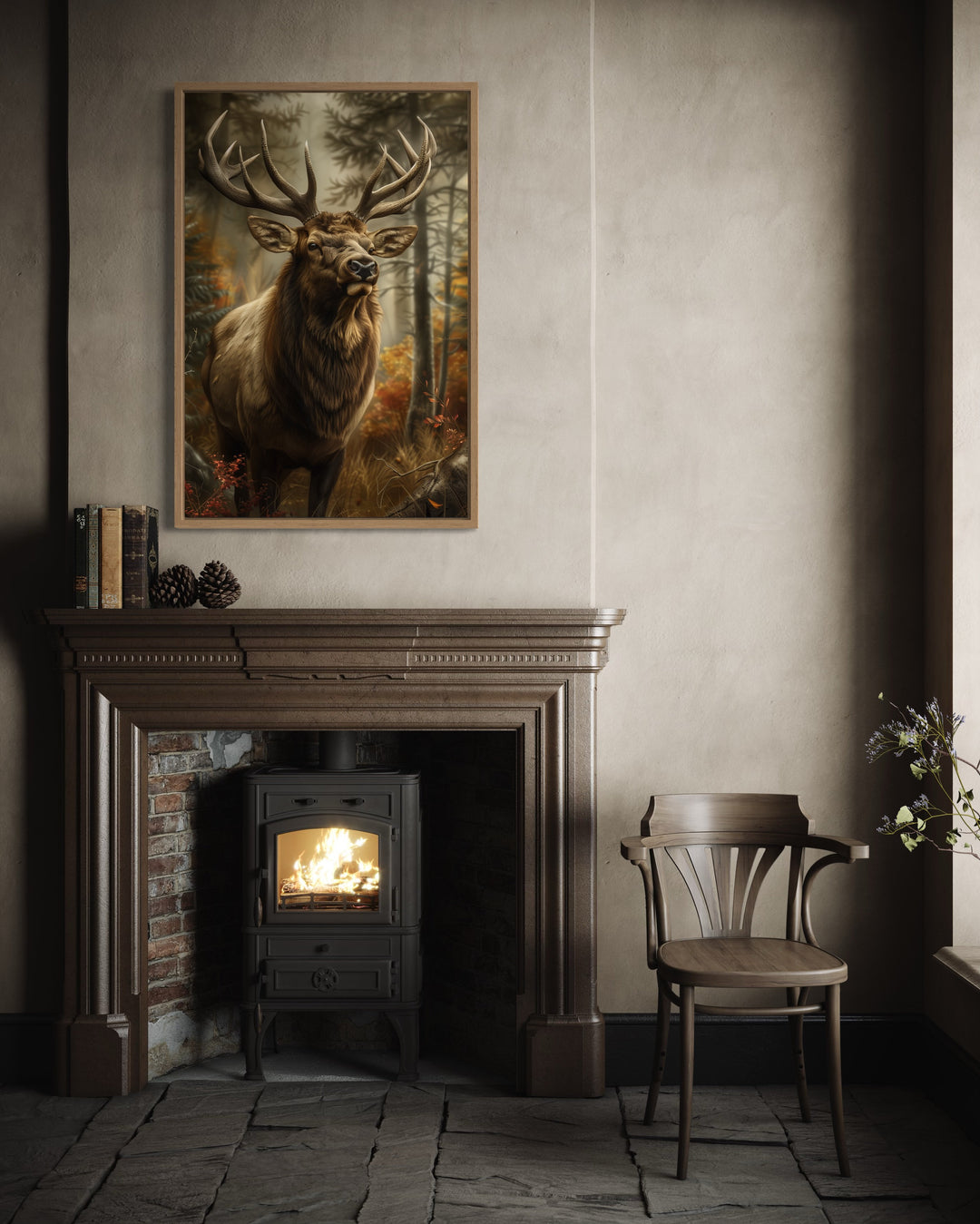 Elk In The Forest Framed Canvas Wall Art above mantel