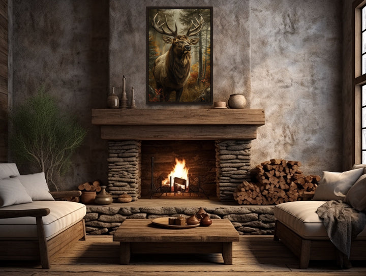 Elk In The Forest Framed Canvas Wall Art above fireplace