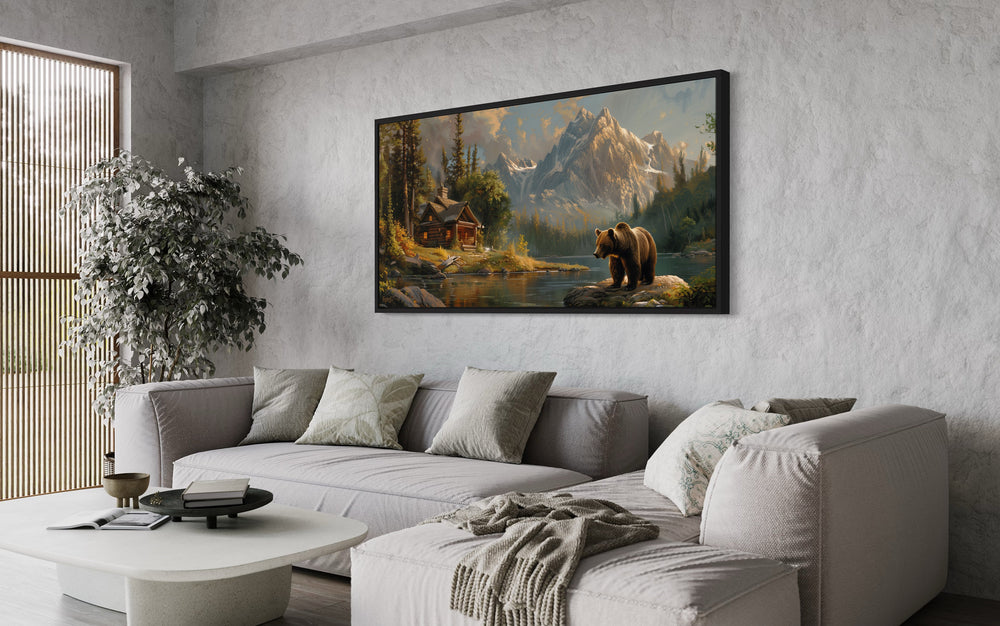 Bear Near Mountain Cabin By The Lake Framed Canvas Wall Art above grey couch