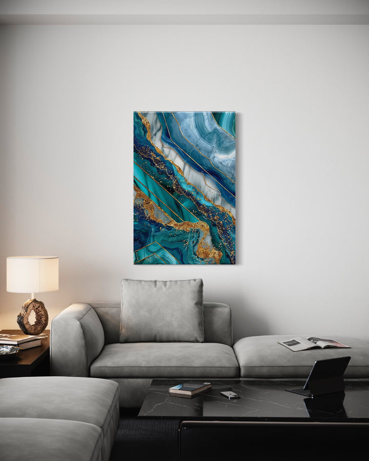 Teal Gold Abstract Marble Framed Canvas Wall Art in living room