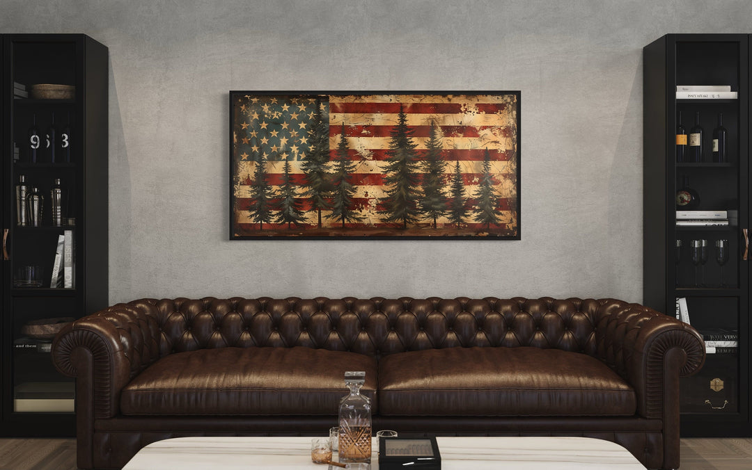 Rustic American Flag Extra Large Wall Art, Flag And Pine Trees