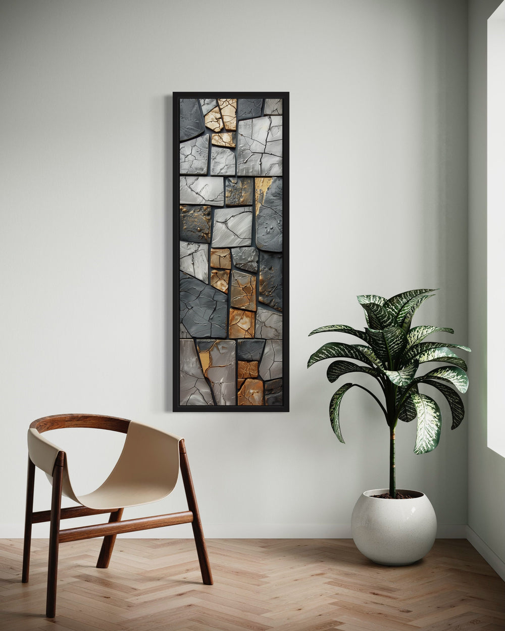 vertical Silver Gold Rocks Marble Tall Slim Wall Art in the room