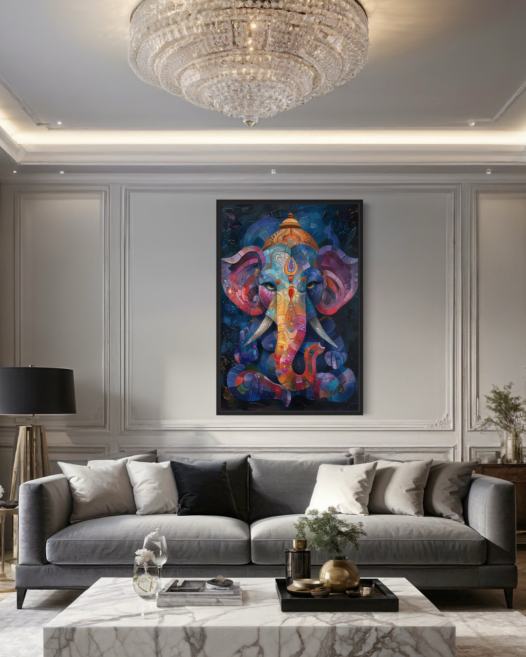 Colorful Modern Lord Ganesha Framed Canvas Wall Art in living room