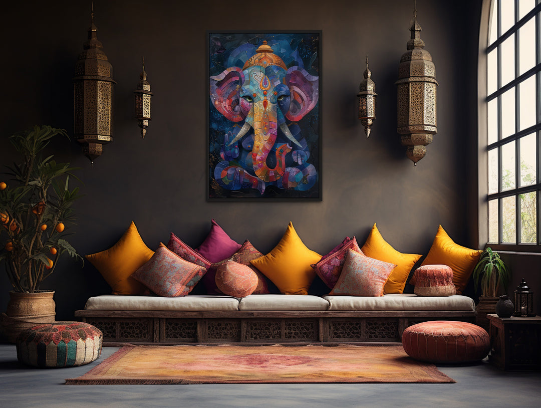 Colorful Modern Lord Ganesha Framed Canvas Wall Art in indian room