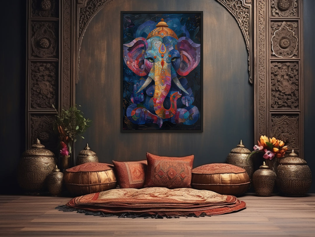 Colorful Modern Lord Ganesha Framed Canvas Wall Art in indian room