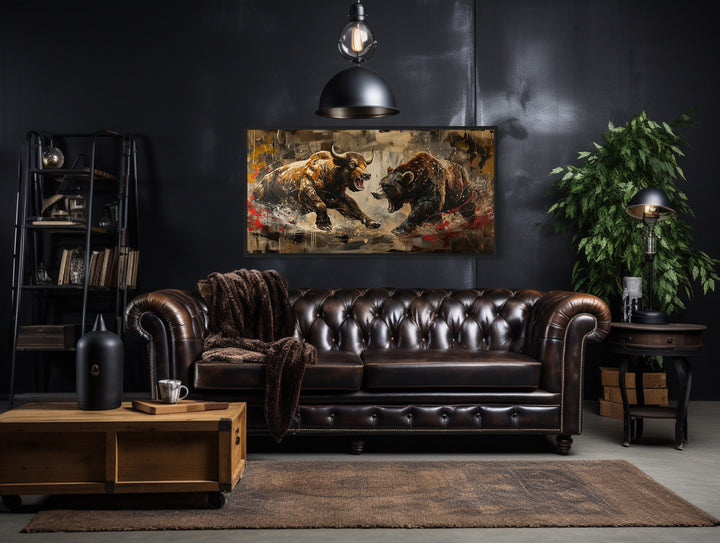Wall Street Bull Fighting Bear Graffiti Painting Extra Large Canvas Wall Art in man cave