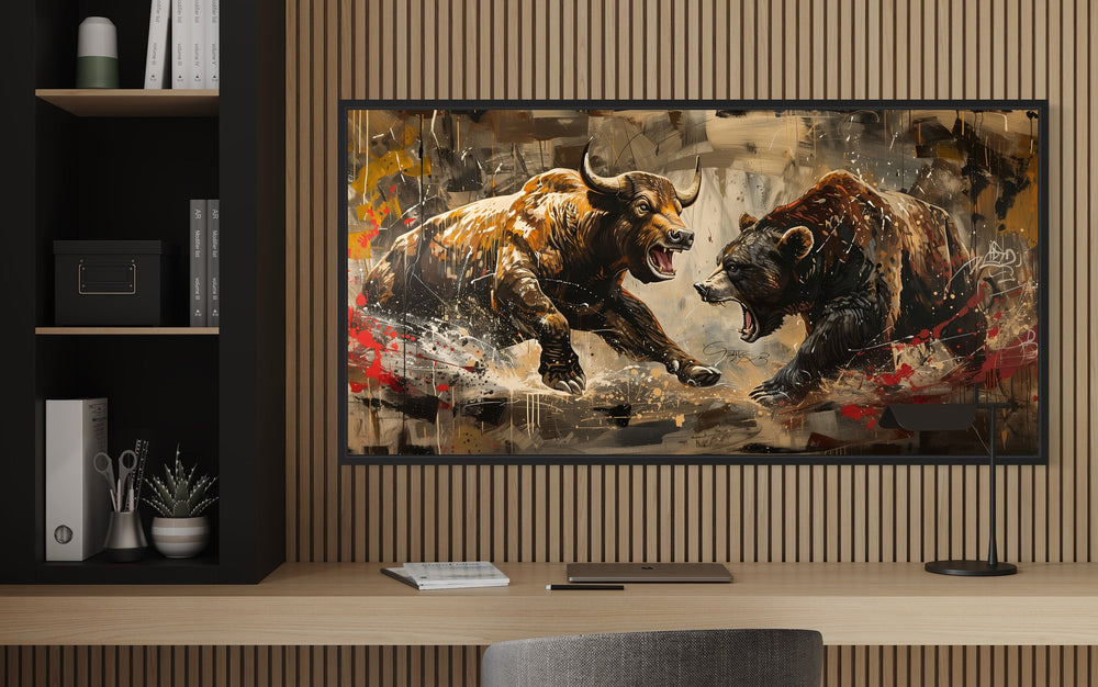 Wall Street Bull Fighting Bear Graffiti Painting Extra Large Canvas Wall Art in the office