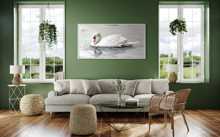 White Swan Painting On Wood Rustic Canvas Wall Art in living room