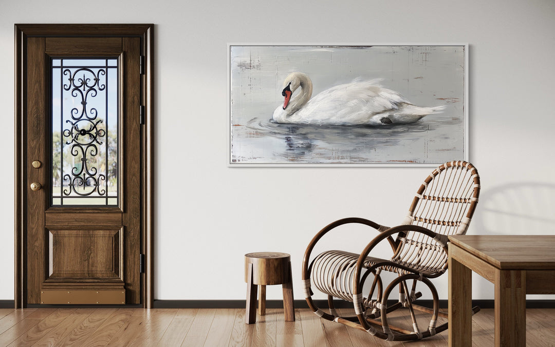 White Swan Painting On Wood Rustic Canvas Wall Art in farmhouse