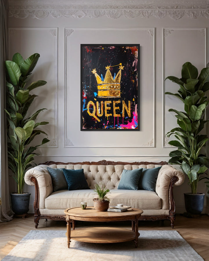 Gold Crown With Word Queen Feminist Canvas Wall Art above couch