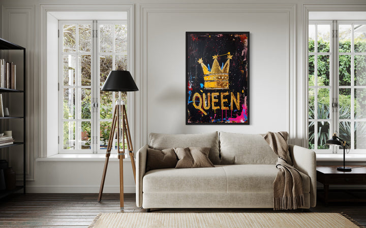 Gold Crown With Word Queen Feminist Canvas Wall Art above couch