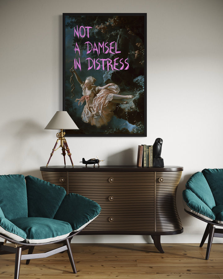 Not A Damsel In Distress Feminist Wall Art in living room